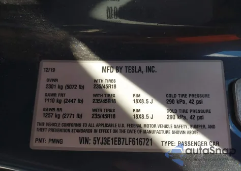 2020 Tesla Model 3 Long Range Dual Motor All-Wheel Drive z USA, uszkodzony, nr VIN 5YJ3E1EB7LF616721